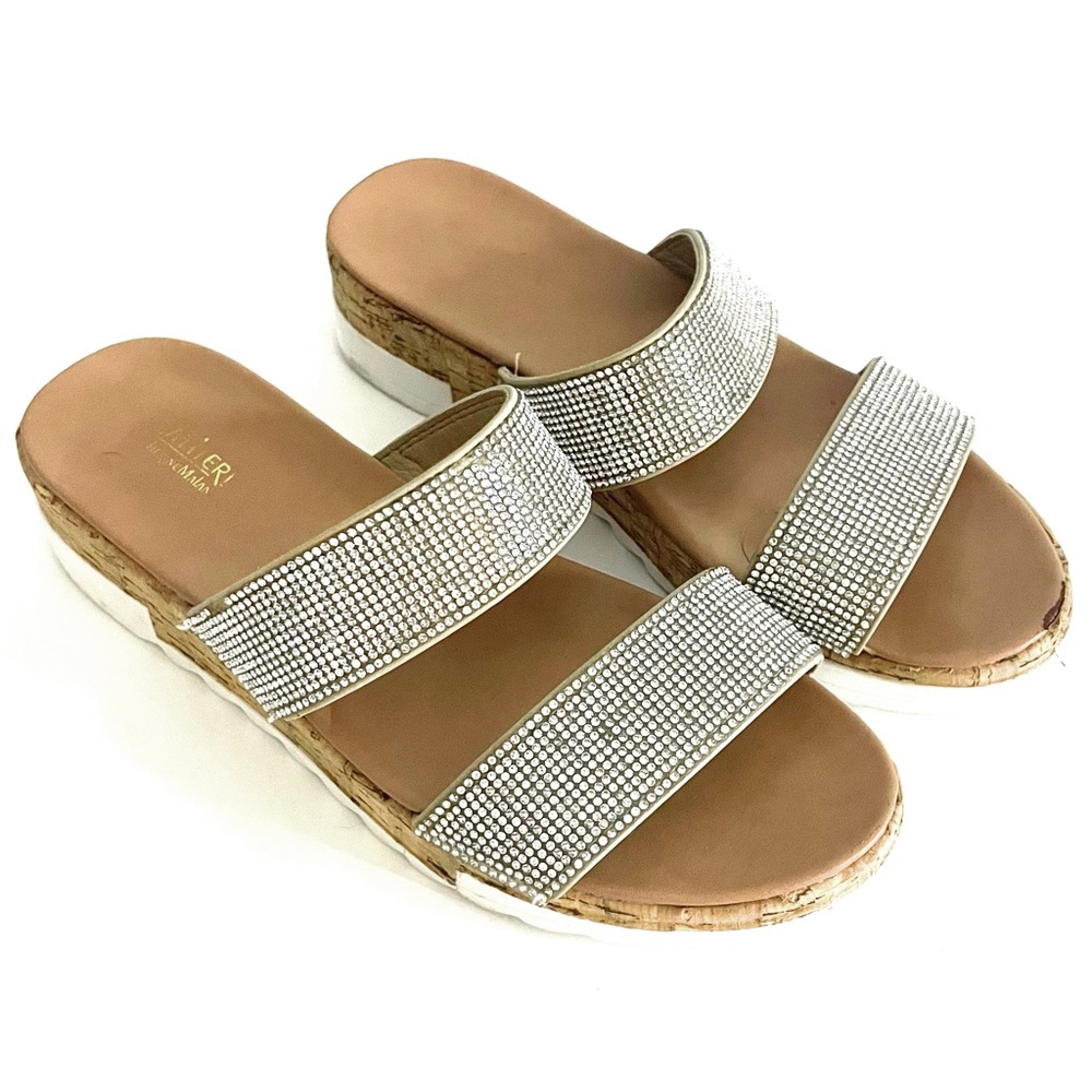 CATHERINE MALANDRINO Shimmery Sparkle Rhinestone Double Strap Sandals Slides